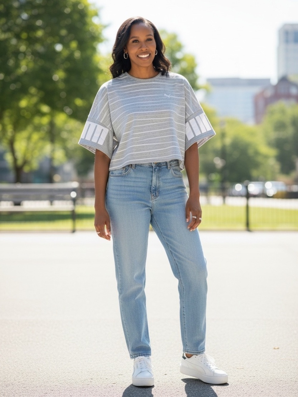 Puma Gray & White Striped Cropped Tee